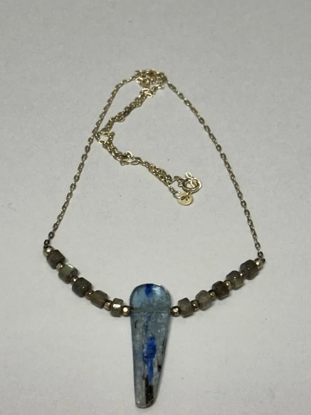 Kyanite Pendant Necklace Sterling Silver Blue Stone Beaded Chain Artisan